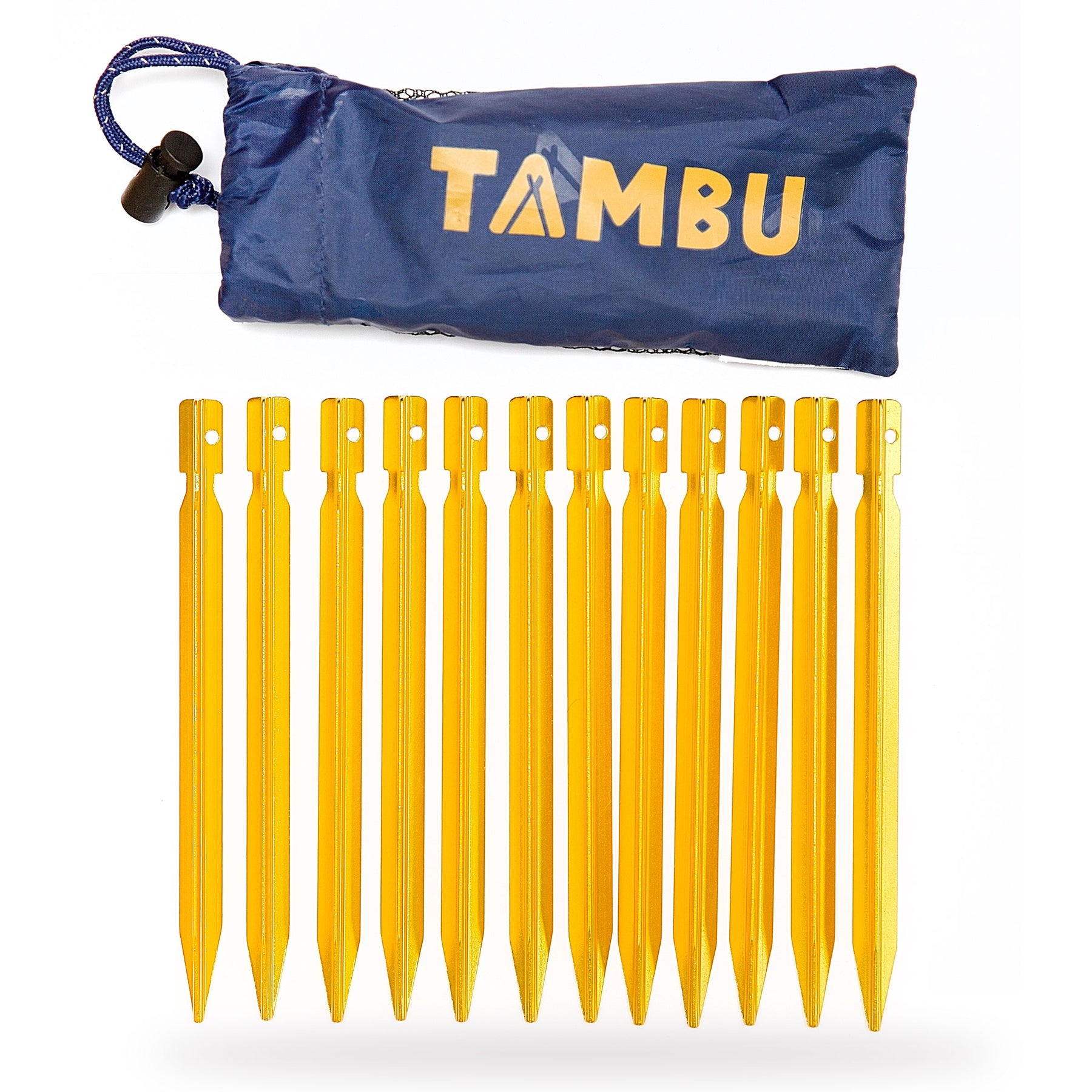 Ultraleichte Aluminium-Heringe 18cm | 12 StückZwölf ultraleichte, goldfarbene Aluminium-Heringe von Tambu Outdoor, neben einem blauen Aufbewahrungsbeutel mit gelbem 'TAMBU'-Logo