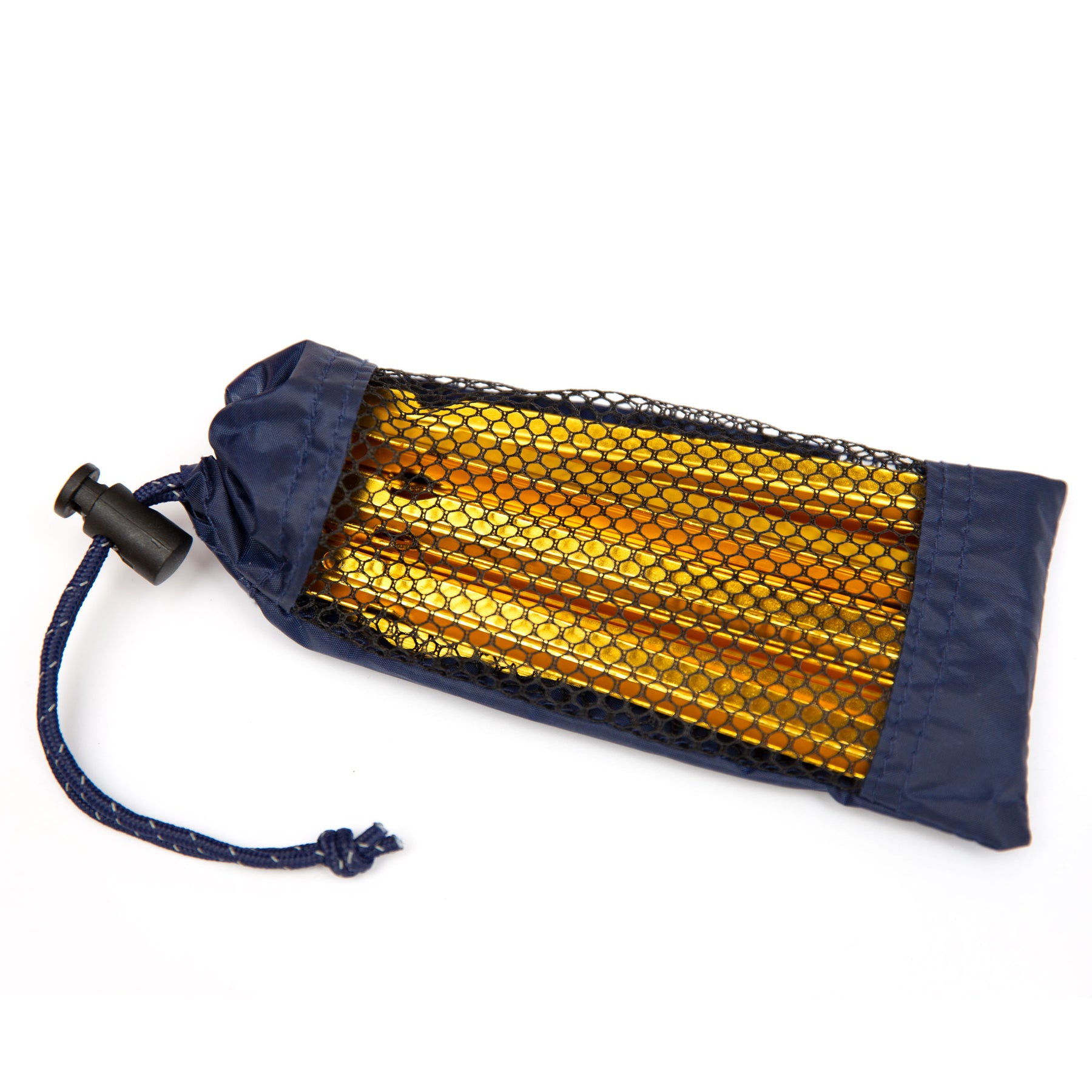 12 ultraleichte goldfarbene Aluminium-Heringe in einem blauen Netzbeutel mit Kordelzug von Tambu Outdoor