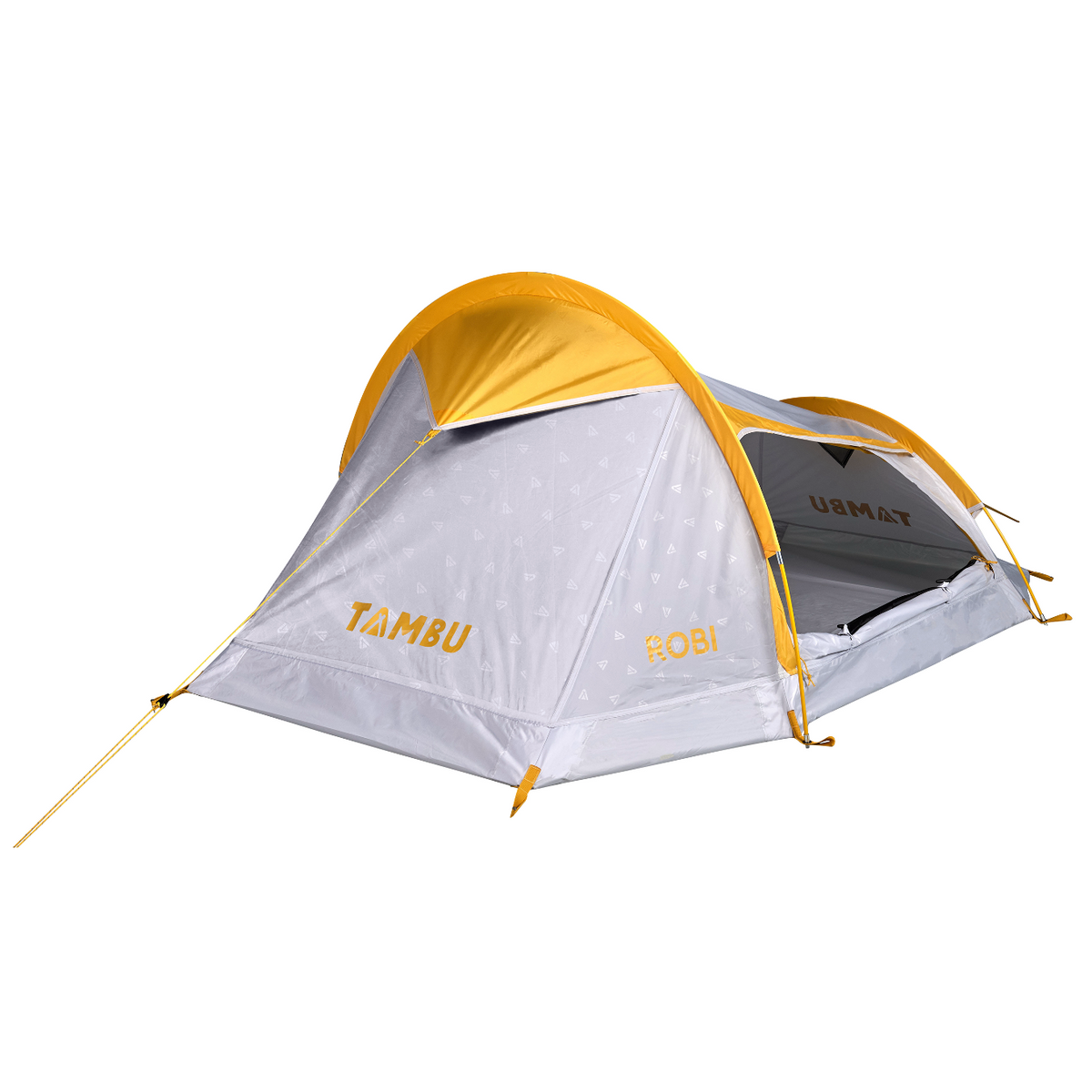ROBI 2-Personen Leichtgewichtszelt von Tambu Outdoor in Grau und Gelb mit aufgespanntem Außenzelt und offenem Eingang