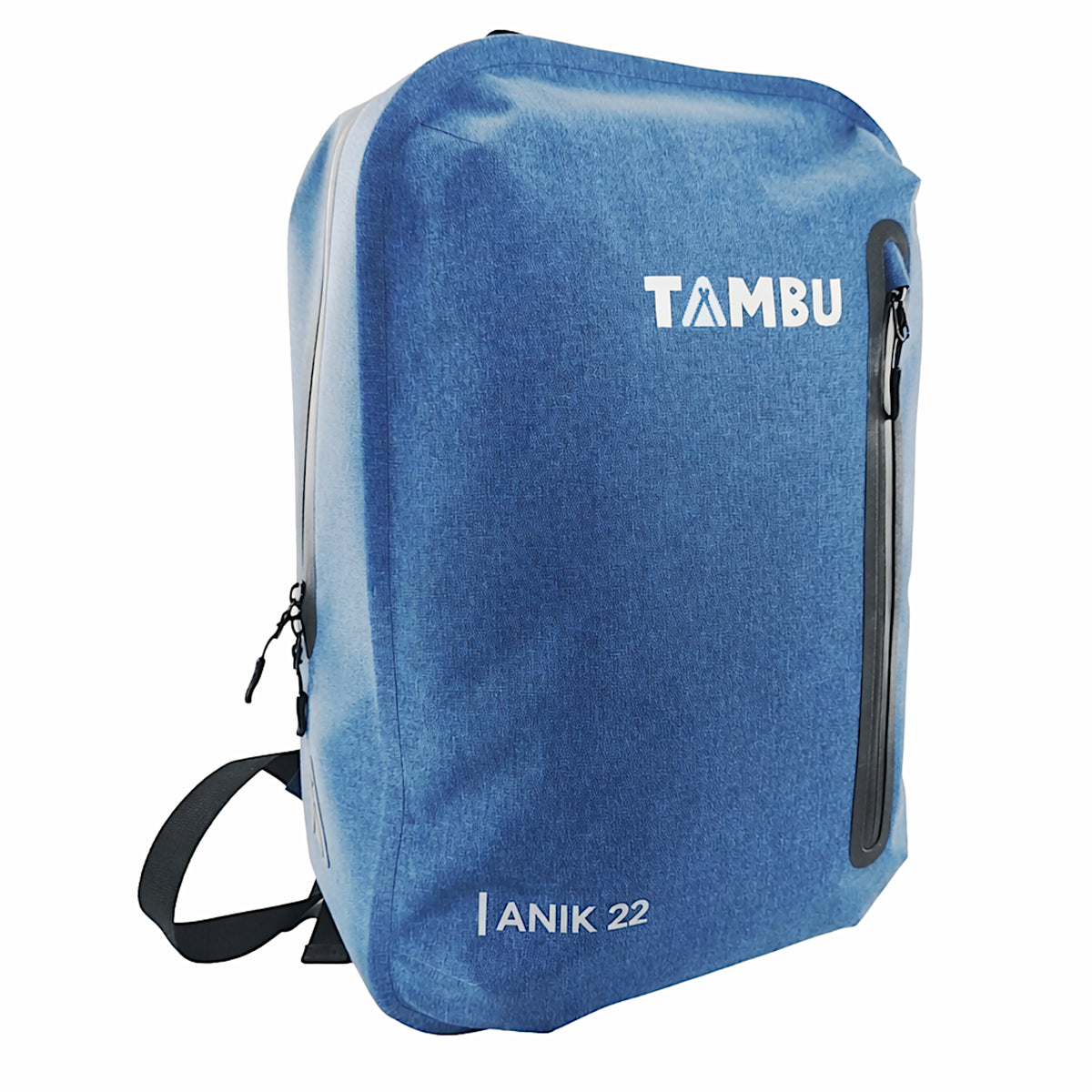Blauer wasserabweisender Rucksack ANIK 22 von Tambu Outdoor mit seitlichem Reißverschluss und weißem Tambu-Logo
