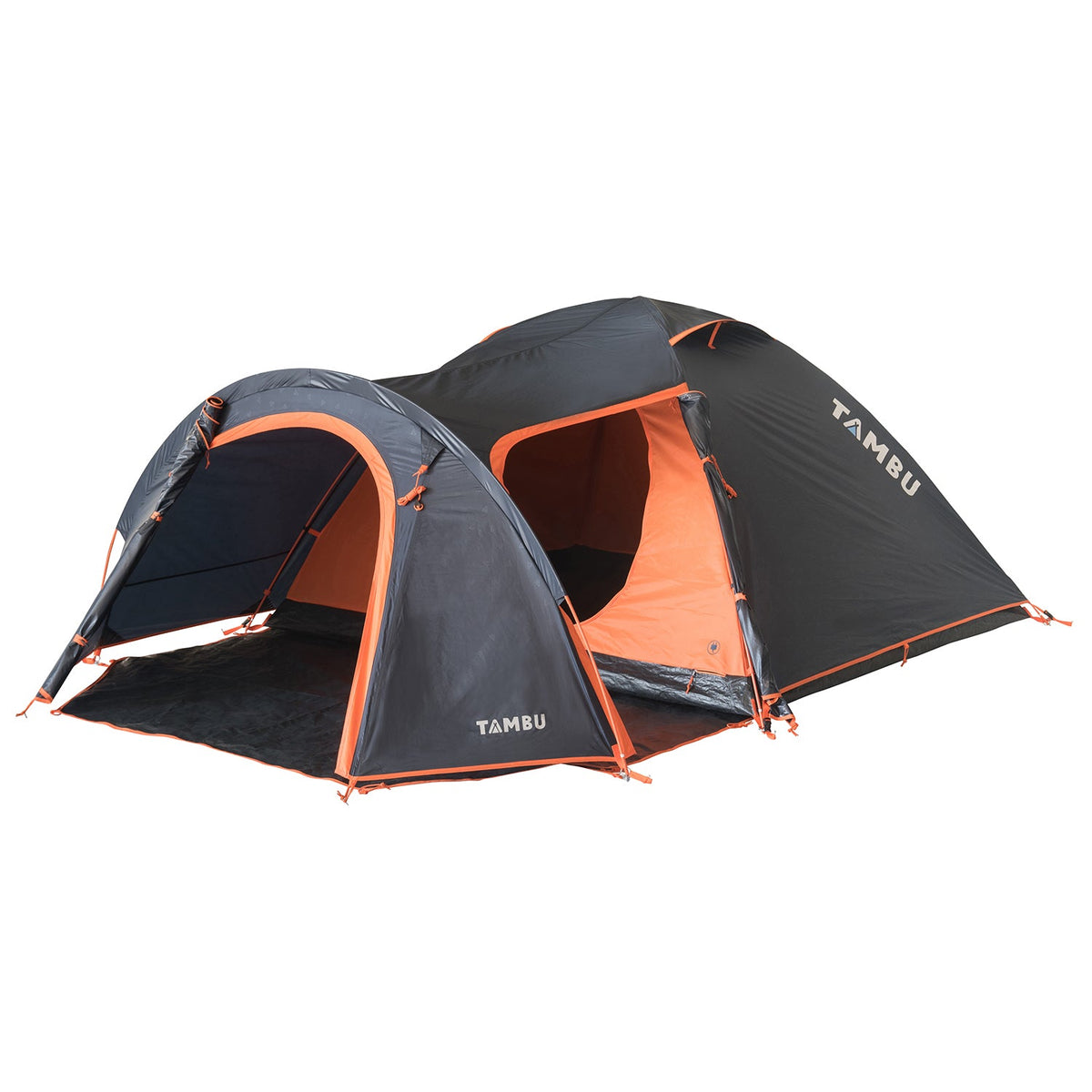 Schwarzes und orangefarbenes 3-Personen Kuppelzelt AKASA von Tambu Outdoor mit Vorraum und offenem Eingang