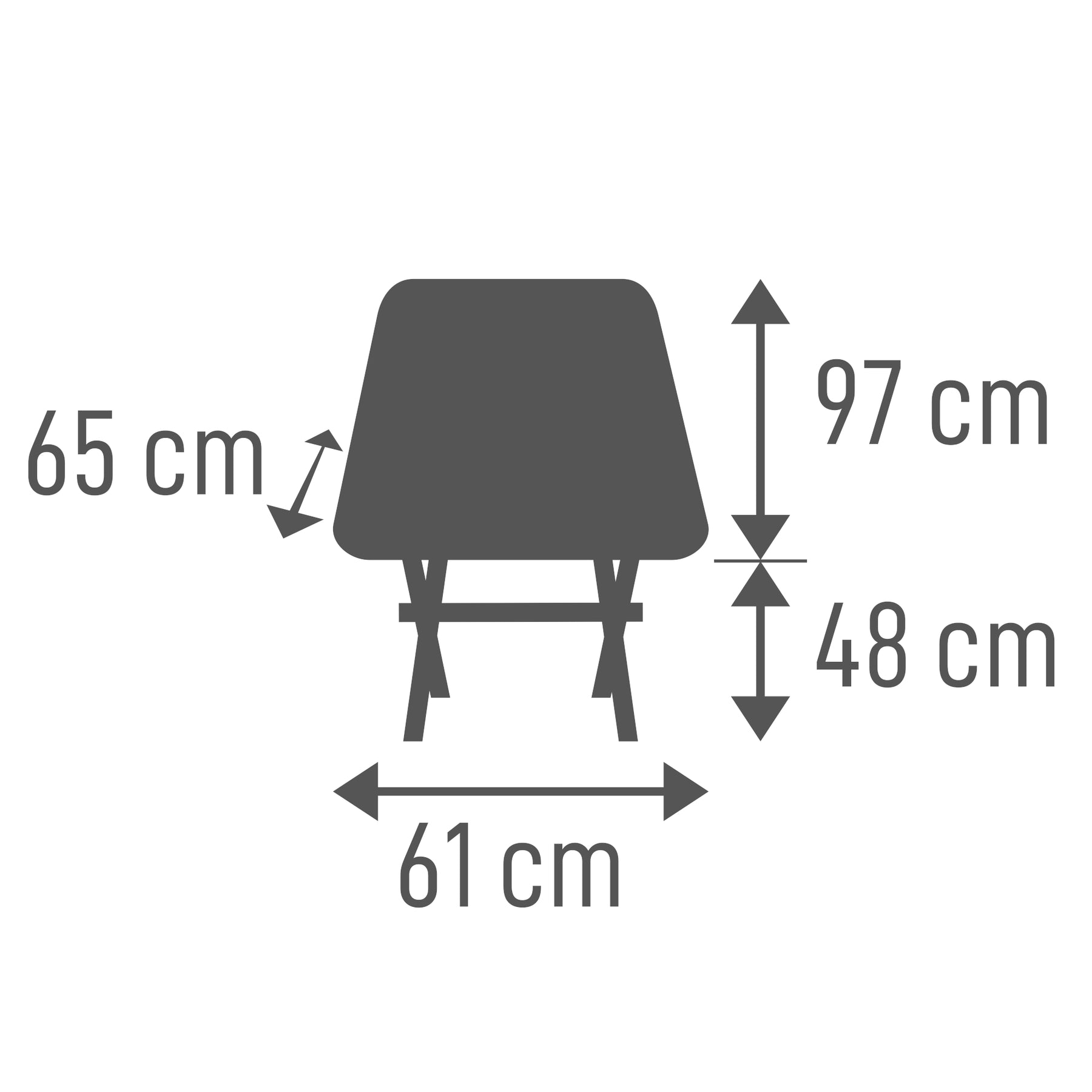 Maße des leichten Campingstuhls BATASA COMFORT von Tambu Outdoor: Höhe 97 cm, Sitzhöhe 48 cm, Breite 61 cm, Tiefe 65 cm