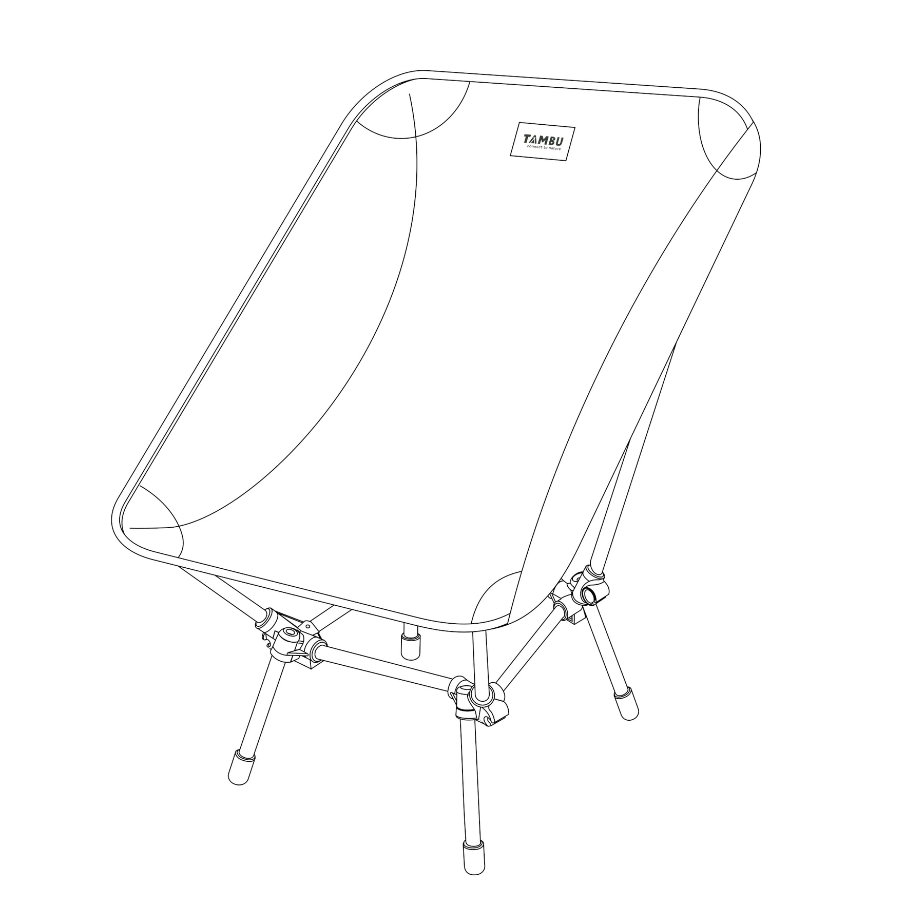 Skizze des leichten Campingstuhls BATASA COMFORT von Tambu Outdoor mit vier Sitzhöhen, schwarzer Sitzfläche mit orangefarbenem Logo