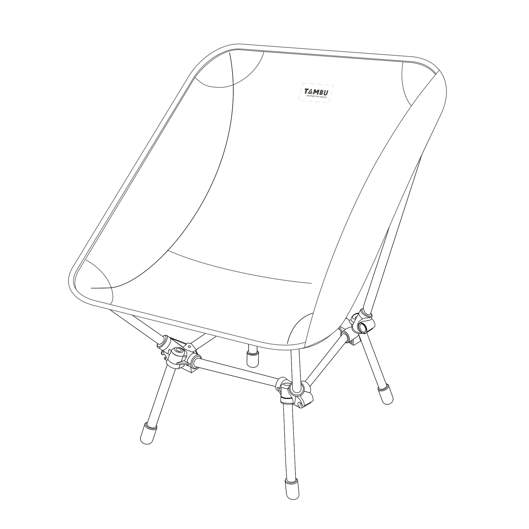 Skizze des leichten Campingstuhls BATASA von Tambu Outdoor mit zwei Sitzhöhen, schwarzer Sitzfläche mit orangefarbenem Logo