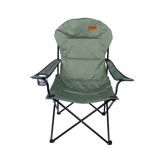 Grüner Camping-Faltstuhl BENGALA von Tambu Outdoor mit Armlehnen, Getränkehalter und schwarzem Metallgestell