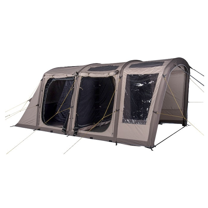 BISALA 4 Familien Tunnelzelt AIR von Tambu Outdoor in Beige mit vier Personen Kapazität, drei Eingängen und großen Fenstern
