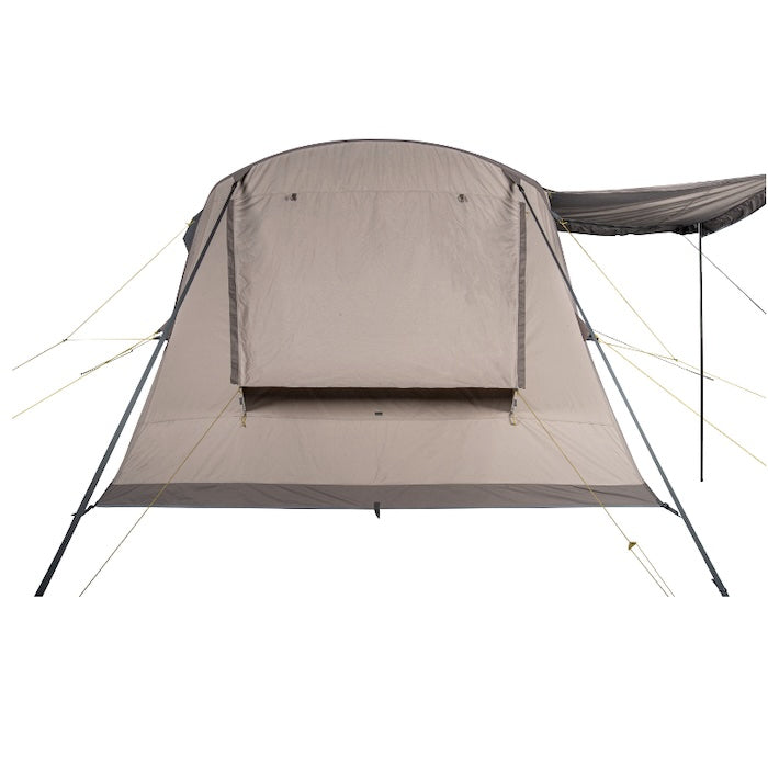 BISALA 4 Familien Tunnelzelt AIR von Tambu Outdoor in Beige mit seitlichem Sonnenschutz, Ansicht von Hinten