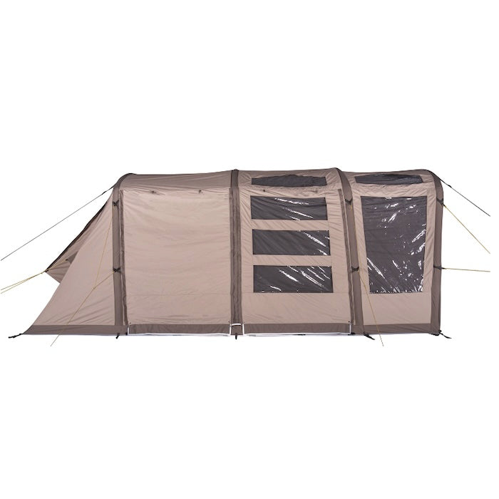BISALA 4 Familien Tunnelzelt AIR von Tambu Outdoor in Beige mit vier Fenstern und drei Kammern für vier Personen, seitliche Ansicht, Fenster geschlossen