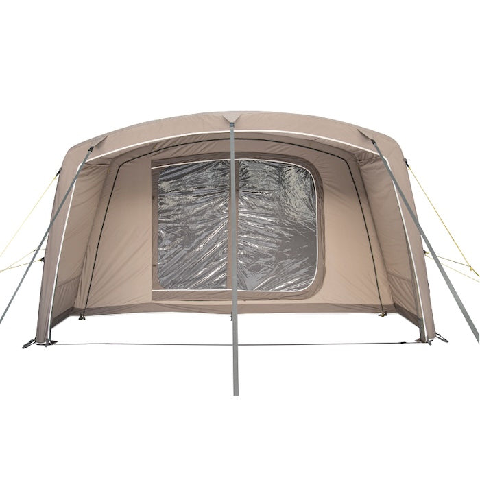 BISALA 5 Familien Tunnelzelt AIR von Tambu Outdoor in Beige mit großem Fenster und Stützstangen, Ansicht von Vorne