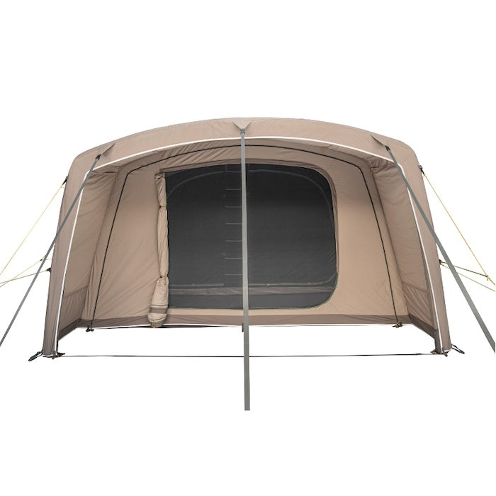 BISALA 5 Familien Tunnelzelt AIR von Tambu Outdoor in Beige, mit großem Eingang und Moskitonetz, Sturmbänder im Vordergrund sichtbar