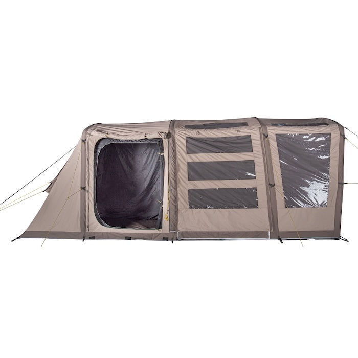 BISALA 5 Familien Tunnelzelt AIR von Tambu Outdoor in Beige mit drei Fenstern und offenem Eingang, seitliche Ansicht