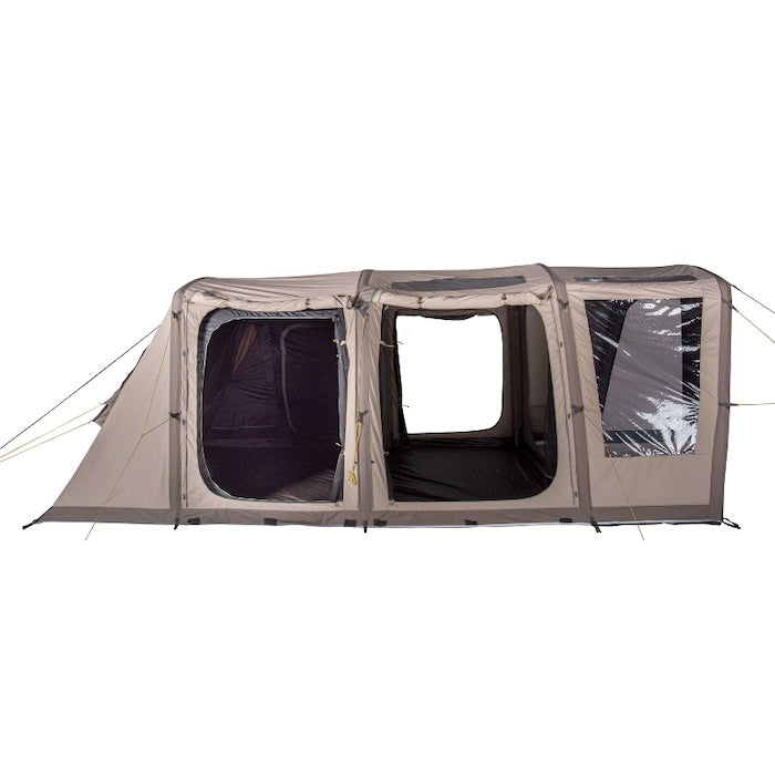 BISALA 5 Familien Tunnelzelt AIR von Tambu Outdoor in Beige mit drei Kammern und großen Fenstern, seitliche Ansicht