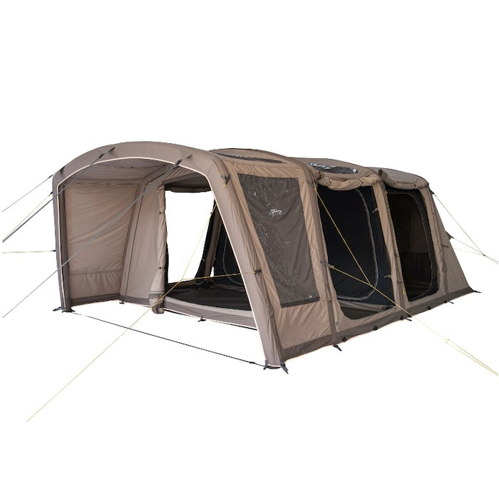 BISALA 5 Familien Tunnelzelt AIR von Tambu Outdoor in Beige, für 5 Personen, mit mehreren Fenstern und Eingängen, aufgespannt mit Abspannleinen