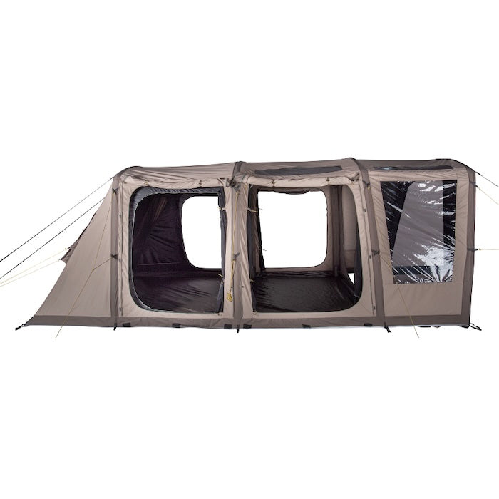 BISALA 5 Familien Tunnelzelt AIR von Tambu Outdoor in Beige mit drei Kammern und großen Fenstern, seitliche Ansicht