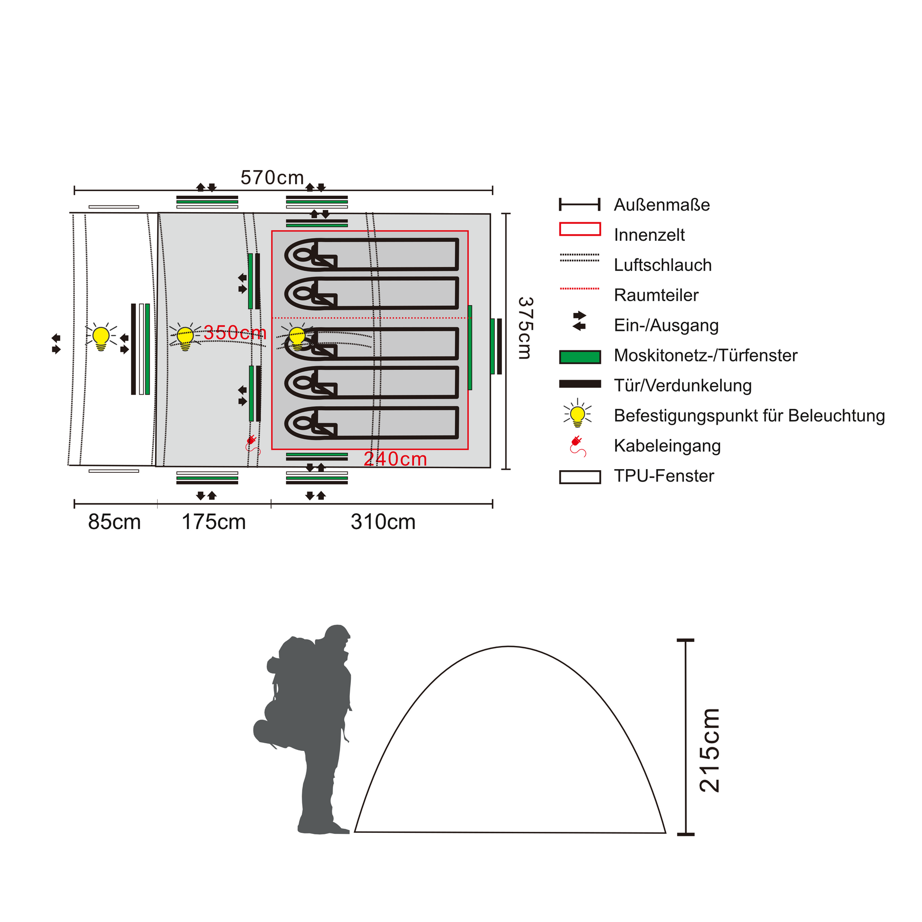 Grundriss und Querschnitt des BISALA 5 Familien Tunnelzelts von Tambu Outdoor mit Maßen, Raumaufteilung für 5 Personen, Moskitonetzfenstern und Beleuchtungspunkten