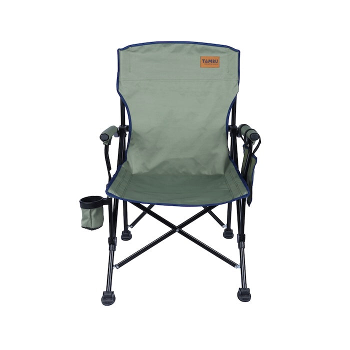 Grüner Camping-Faltstuhl NADIRA von Tambu Outdoor mit Armlehnen, Getränkehalter und schwarzem Metallgestell