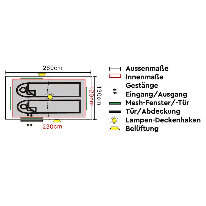 Grundriss des KUTIR 2-Personen Leichtgewichts-Trekkingzelts von Tambu Outdoor mit Außenmaß 260x130 cm, Innenmaß 230x120 cm, zwei Schlafplätze, Eingänge, Mesh-Fenster, Lampen-Deckenhaken und Belüftung