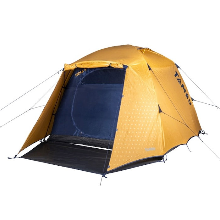 Gelbes HENA 4-Personen Kuppelzelt von Tambu Outdoor mit Stehhöhe, offenem Eingang und blauem Innenzelt