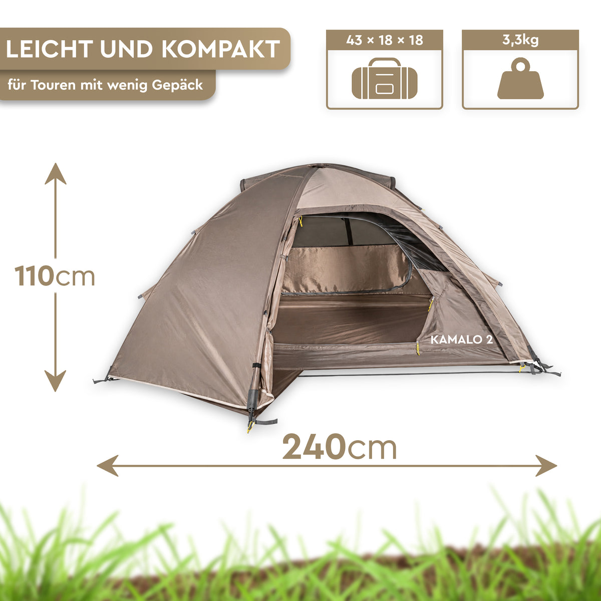 Taupefarbenes Kuppel-Trekkingzelt mit geöffnetem Eingang, 240 cm Länge, 110 cm Höhe und kompaktem Packmaß. - KAMALO 2 | 2-Personen Leichtgewicht-Trekkingzelt - Tambu Outdoor