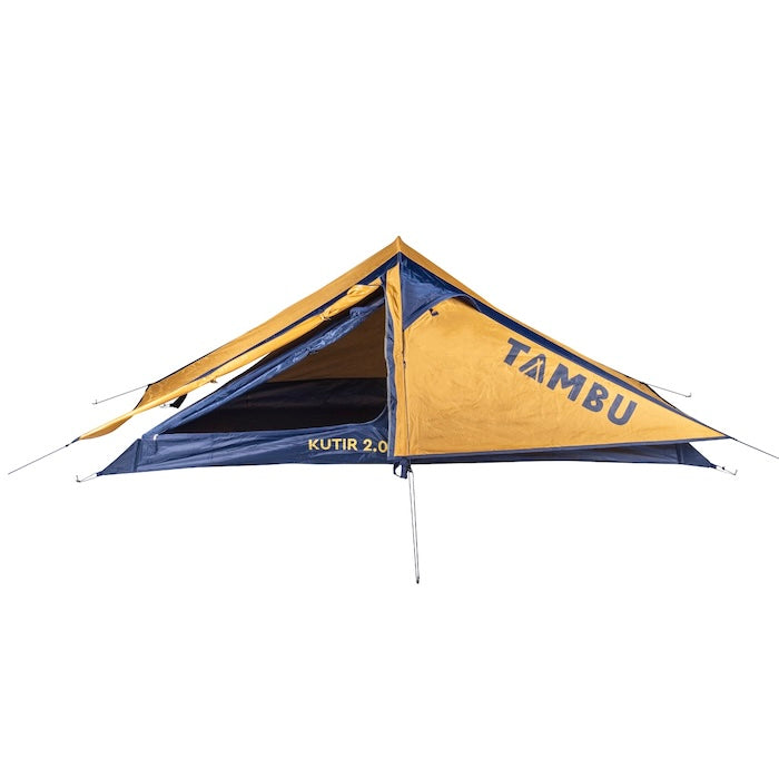 Leichtgewichts-Trekkingzelt KUTIR 2.0 von Tambu Outdoor in Gelb und Blau, für 2 Personen, mit offenem Eingang