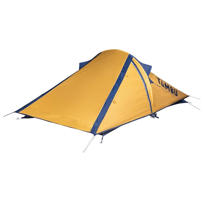 KUTIR 2.0 Leichtgewichts-Trekkingzelt für 2 Personen von Tambu Outdoor in gelb mit blauen Akzenten
