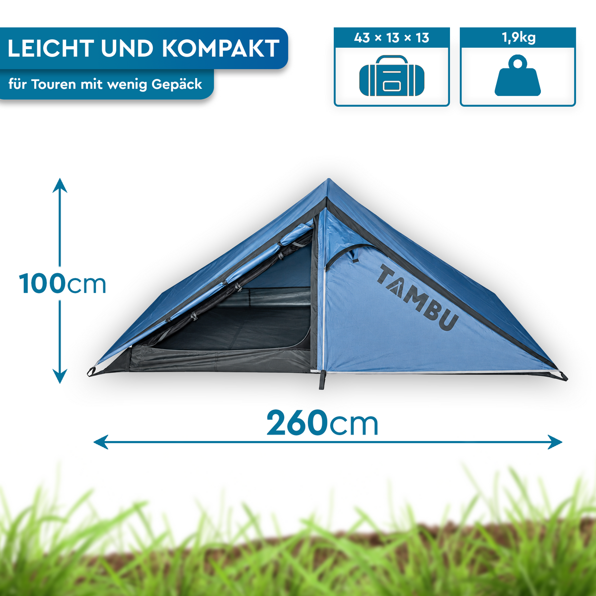 Kompaktes blau-graues Tunnelzelt von vorn, mit 260 cm Länge, 100 cm Höhe und 1 kg Gewicht. - KUTIR 2.1 | 2 Personen Leichtgewichts-Trekkingzelt - Tambu Outdoor
