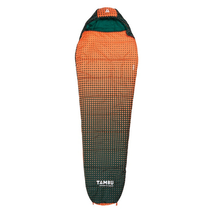 KARA Mumienschlafsack von Tambu Outdoor in Orange und Grün mit Punktmuster und Kapuze, Modell 1000 oder 1600