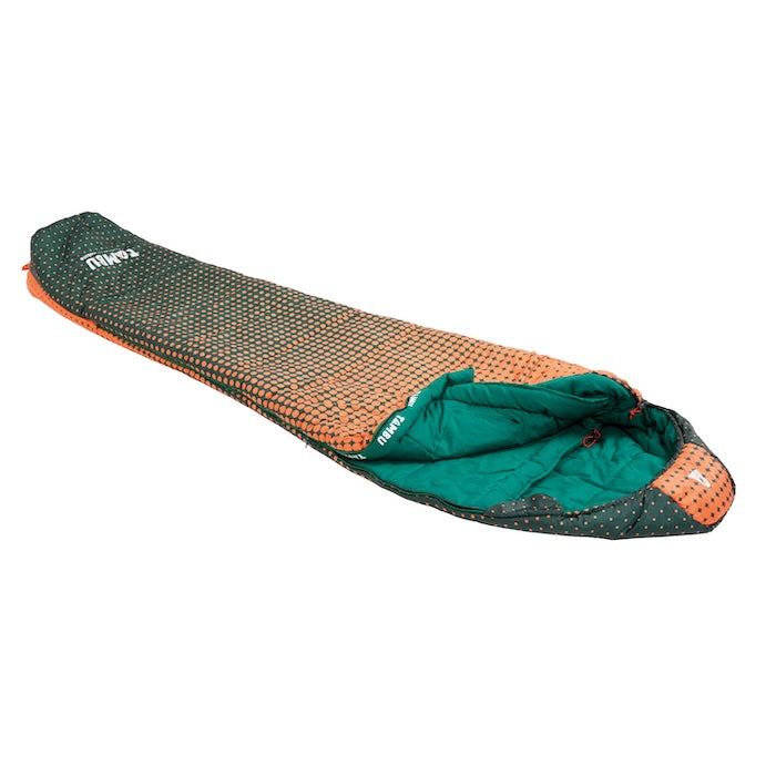 KARA 1000 oder 1600 Mumienschlafsack von Tambu Outdoor in Grün und Orange mit gepunktetem Muster, geöffnet und flach liegend