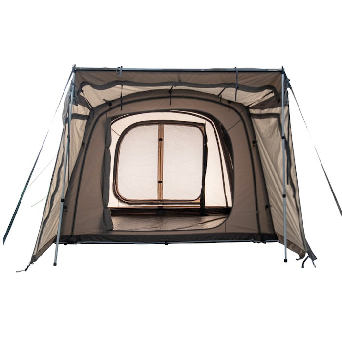 BISALA VAN Busvorzelt AIR von Tambu Outdoor, geiges freistehendes Zelt mit großen Fenstern und Eingang, aufgestellt mit Metallstangen