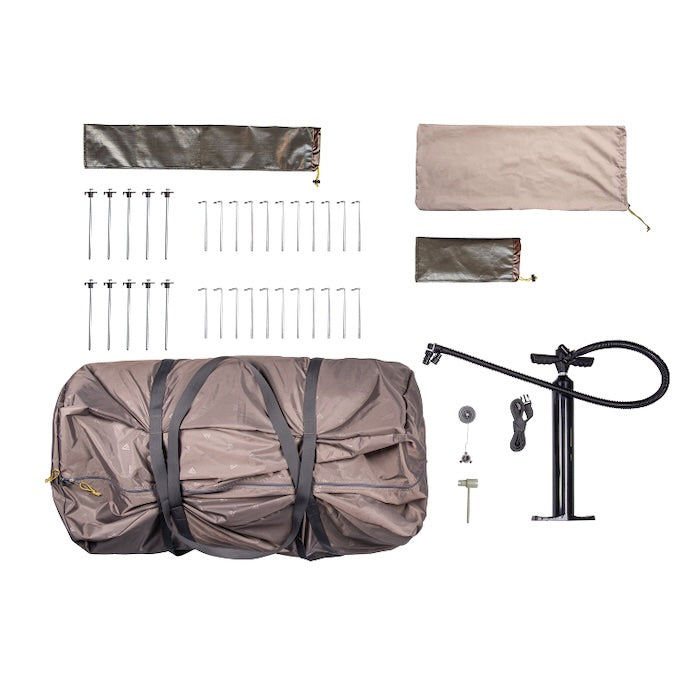 BISALA VAN Busvorzelt AIR von Tambu Outdoor, Zubehör inklusive gepacktem Zelt, Heringen, Pumpen und Aufbewahrungstaschen in Beige und Grau