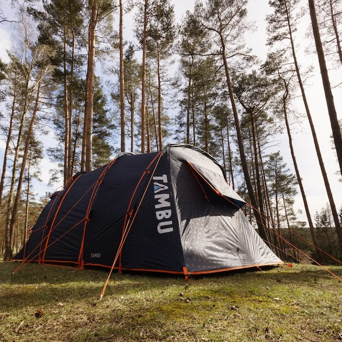 Blaues MANDAPA 4 oder 6 Familienzelt von Tambu Outdoor für 4 oder 6 Personen, aufgestellt im Wald mit hohen Kiefern