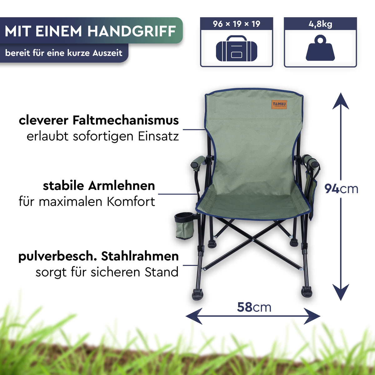 Grüner Camping-Faltstuhl aus Polyester mit Armlehnen, schwarzem Stahlrahmen und praktischem Tragegriff. - NADIRA | Camping-Faltstuhl - Tambu Outdoor