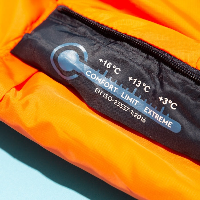 Temperaturanzeige am OFRA 800 Mumienschlafsack von Tambu Outdoor mit Komfortgrenze bei 16°C, Grenzwert bei 13°C und Extremgrenze bei 3°C nach EN ISO-23537-1:2016