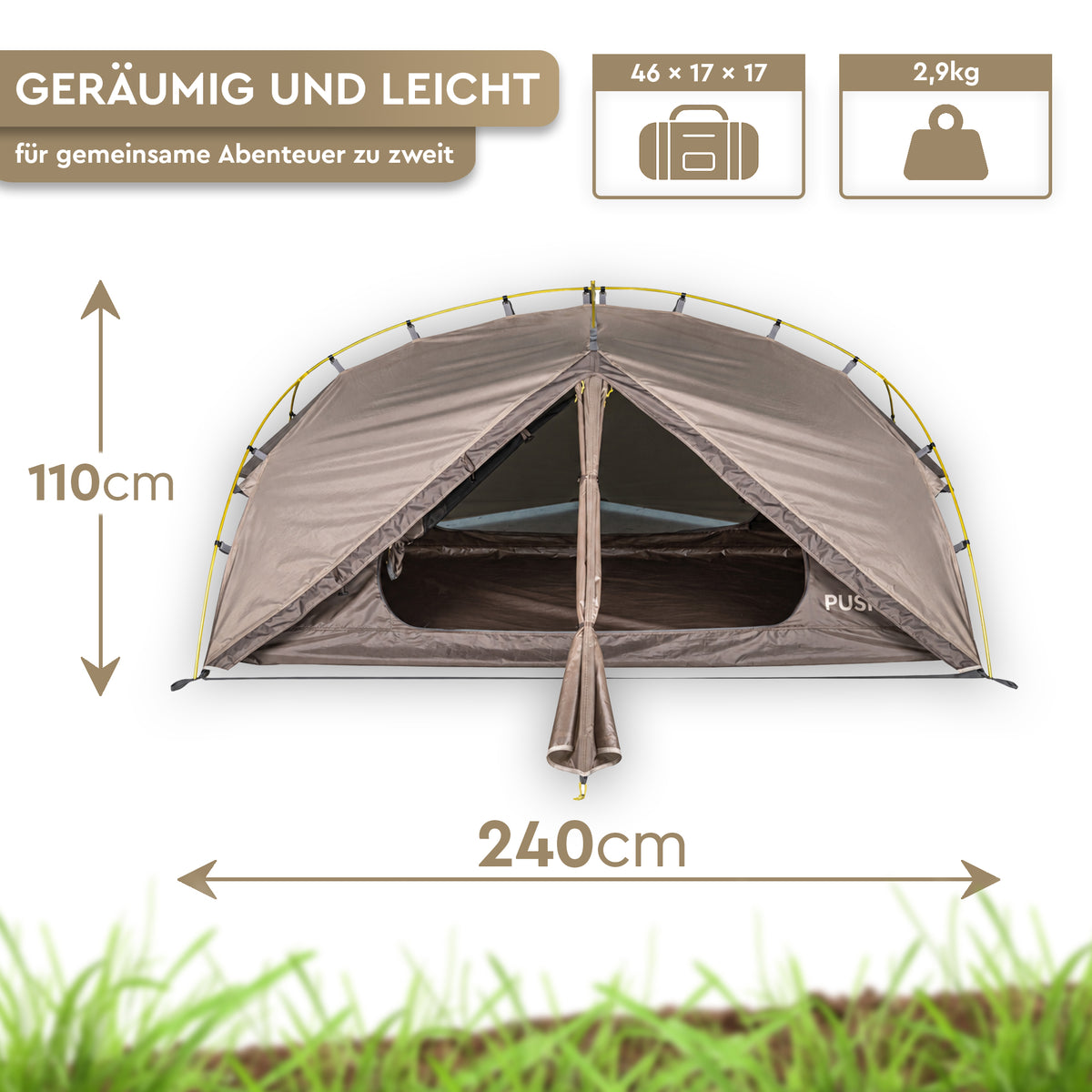 Offenes graues Kuppelzelt mit zwei Eingängen, 240 cm lang und 110 cm hoch, leicht und geräumig. - PUSPA 2 | 2-Personen Trekking-Kuppelzelt - Tambu Outdoor