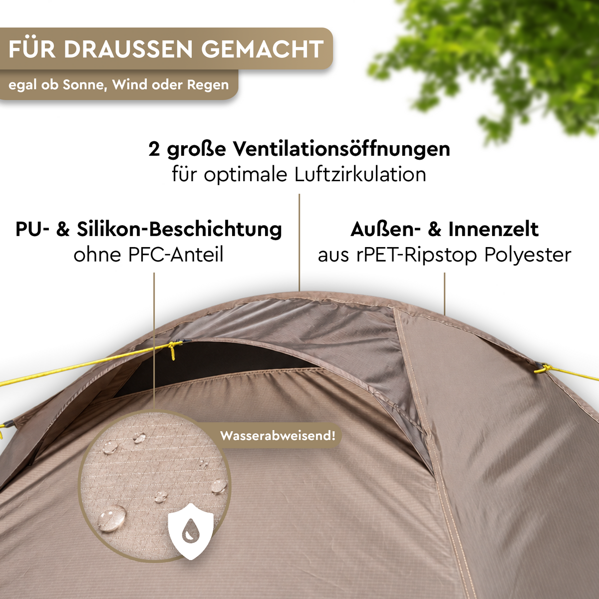 Braunes Trekking-Tunnelzelt mit Außenzelt und Innenzelt, PU- und Silikonbeschichtung sowie wasserabweisendem Stoff. - SADA 2.1 | 2 Personen Trekking-Tunnelzelt - Tambu Outdoor