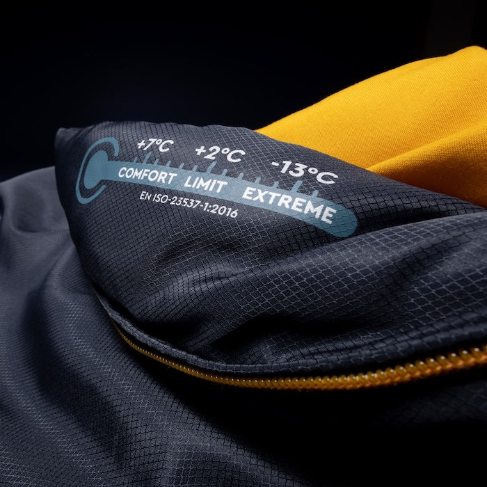 Dunkelblauer SAYAN Deckenschlafsack 1400 von Tambu Outdoor mit Temperaturanzeige von +7°C Komfort bis -13°C Extrem, gelber Innenstoff sichtbar