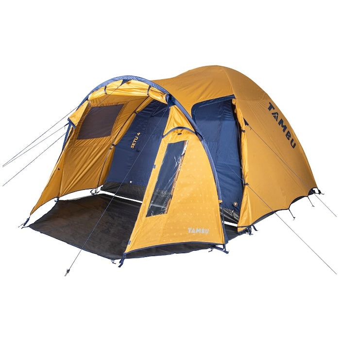 Gelbes SETU Kuppelzelt für 4 Personen von Tambu Outdoor mit Stehhöhe, offenem Eingangsbereich und seitlichen Fenstern