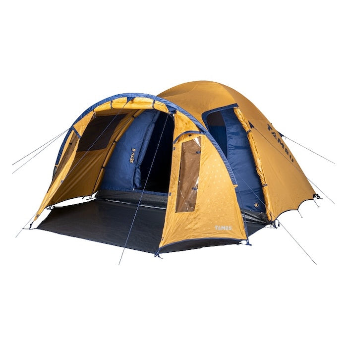 SETU 5-Personen Kuppelzelt von Tambu Outdoor in Gelb und Blau mit Stehhöhe, offenem Eingang und Seitentüre, Fenstern ersichtlich