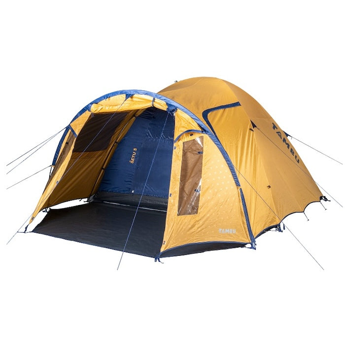 SETU 5-Personen Kuppelzelt von Tambu Outdoor in Gelb und Blau mit Stehhöhe, offenem Eingang und Fenstern