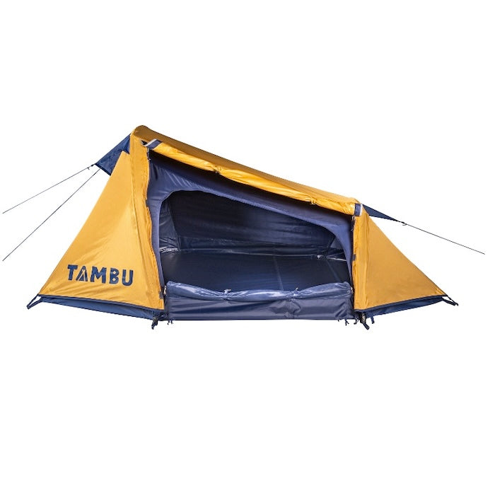 Leichtgewichts-Trekkingzelt SURANGA 2.0 von Tambu Outdoor in Gelb und Dunkelblau, geöffnet mit sichtbarem Innenraum für 2 Personen