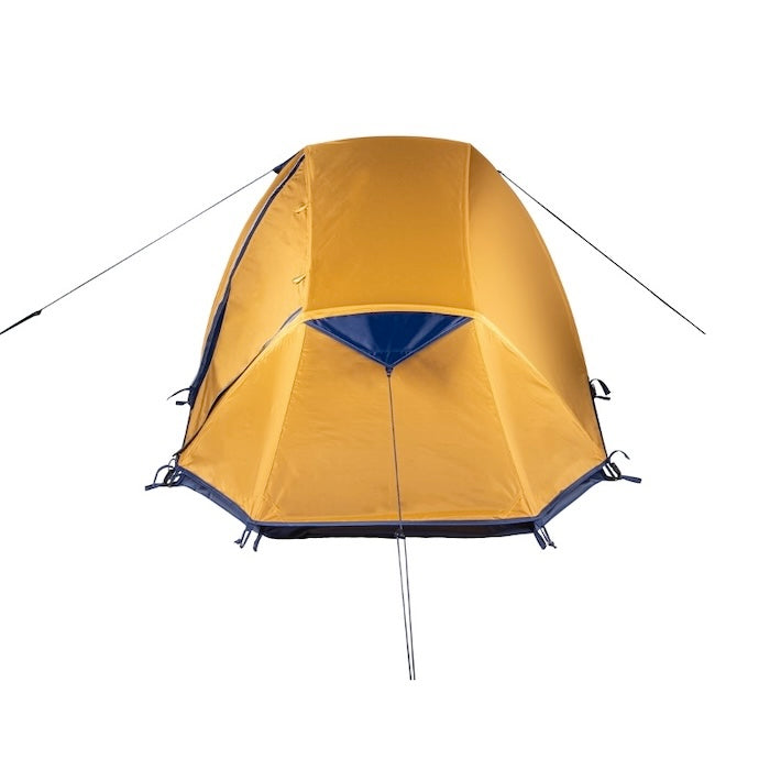 Gelbes SURANGA 2.0 Leichtgewichts-Trekkingzelt für 2 Personen von Tambu Outdoor, von hinten mit abgespanntem Gestänge