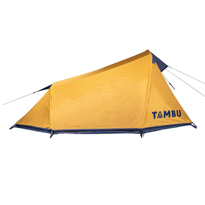 Gelbes SURANGA 2.0 Leichtgewichts-Trekkingzelt für 2 Personen von Tambu Outdoor mit dunkelblauem Boden und Logo