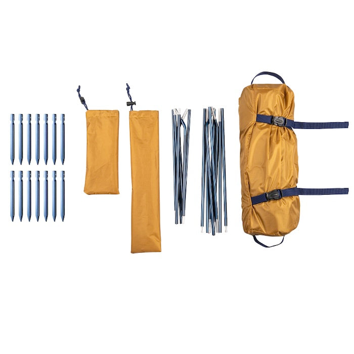 Zeltzubehör für SURANGA 2.0 Leichtgewichts-Trekkingzelt von Tambu Outdoor, inklusive Heringe, Abspannleinen, Zeltstangen und Transporttasche in gelb