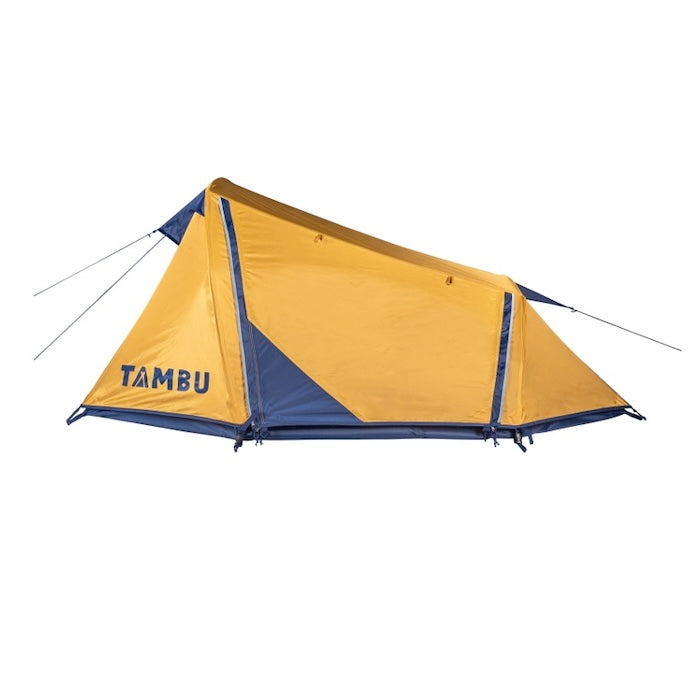 Leichtgewichts-Trekkingzelt SURANGA 2.0 von Tambu Outdoor, gelb und blau, für 2 Personen, mit aufgespannten Abspannleinen