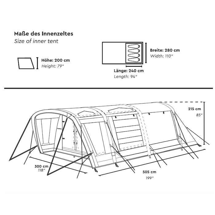 Skizze des BISALA 4 Familien Tunnelzelts von Tambu Outdoor mit Maßen: Innenzelt 240x280 cm, Höhe 200 cm, Gesamtlänge 505 cm, Breite 300 cm, Höhe 215 cm