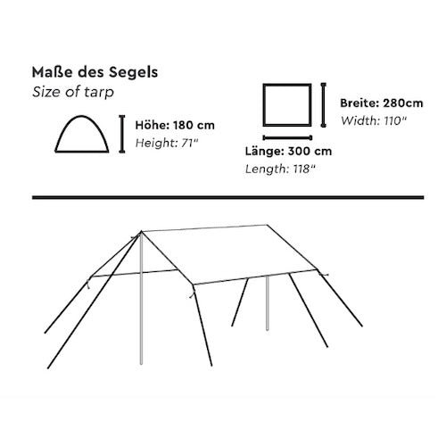 Skizze des CHADA Sonnensegels von Tambu Outdoor mit Maßen: Höhe 180 cm, Breite 280 cm, Länge 300 cm, dargestellt als rechteckiges Tarp mit Stangen und Abspannleinen