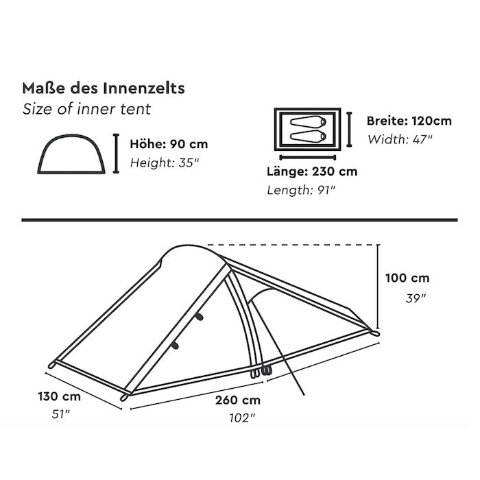 Skizze des KUTIR und KUTIR 2.0 Leichtgewichts-Trekkingzelts von Tambu Outdoor mit Maßen: Innenzelt Höhe 90 cm, Breite 120 cm, Länge 230 cm; Außenzelt Länge 260 cm, Breite 130 cm, Höhe 100 cm.