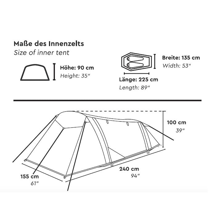 Skizze des SURANGA 2.0 Leichtgewichts-Trekkingzelts von Tambu Outdoor mit Maßen: Innenzelt Höhe 90 cm, Länge 225 cm, Breite 135 cm; Außenzelt Länge 240 cm, Breite 155 cm, Höhe 100 cm.