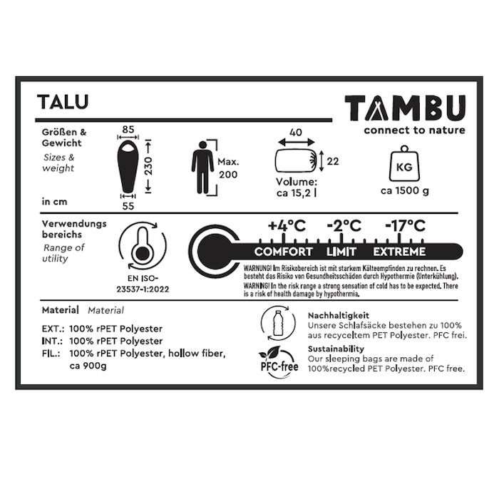 Technische Skizze des TALU Mumienschlafsacks 1500 von Tambu Outdoor mit Maßen 230x85x55 cm, Gewicht ca. 1500 g, Volumen 15,2 l, Komforttemperatur +4°C, Limit -2°C, Extrem -17°C, Material 100% recyceltes PET Polyester, PFC-frei, Nachhaltigkeitsangaben.