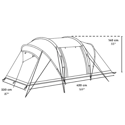 Skizze des AGNIKUNDA 4-Personen Trekking Vis-à-Vis Zelts von Tambu Outdoor mit Maßen 430 cm Länge, 220 cm Breite und 140 cm Höhe